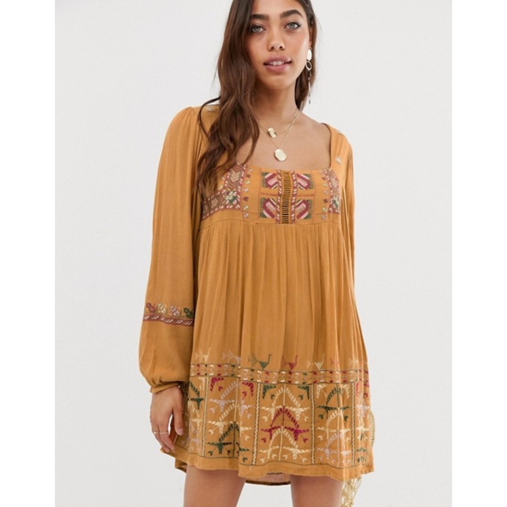 Free People Rhiannon Embroidered Mustard Mini